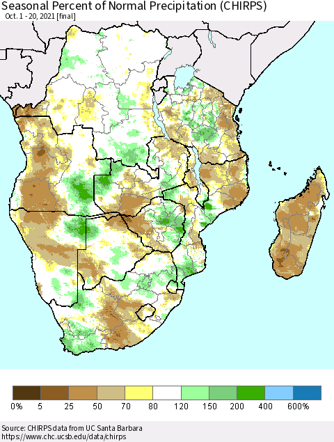 Southern Africa Seasonal Percent of Normal Precipitation (CHIRPS) Thematic Map For 10/1/2021 - 10/20/2021