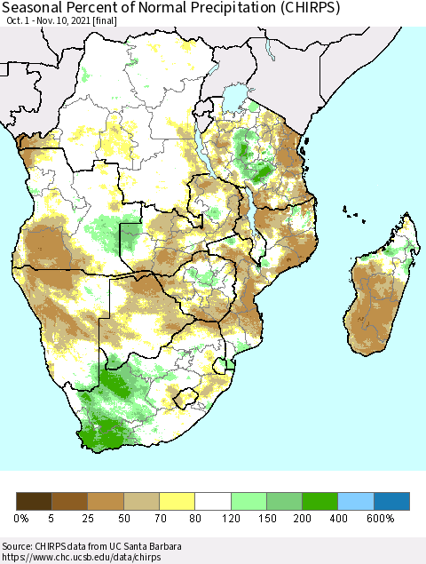 Southern Africa Seasonal Percent of Normal Precipitation (CHIRPS) Thematic Map For 10/1/2021 - 11/10/2021