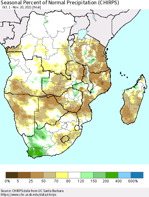 Southern Africa Seasonal Percent of Normal Precipitation (CHIRPS) Thematic Map For 10/1/2021 - 11/20/2021