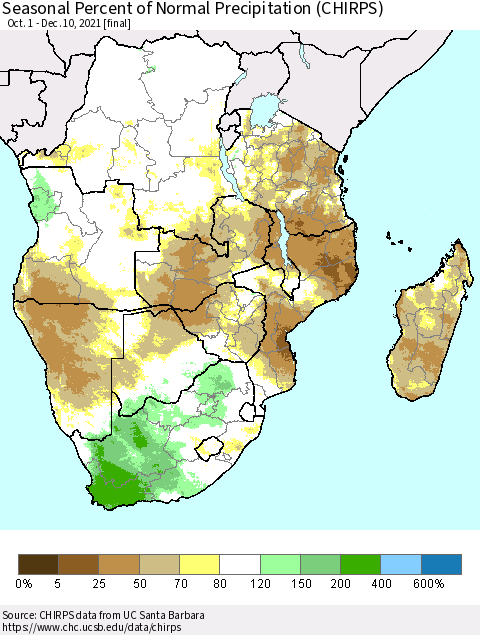 Southern Africa Seasonal Percent of Normal Precipitation (CHIRPS) Thematic Map For 10/1/2021 - 12/10/2021