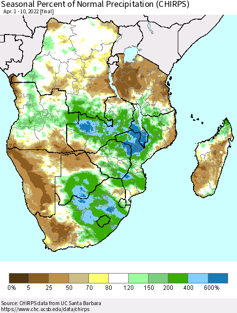 Southern Africa Seasonal Percent of Normal Precipitation (CHIRPS) Thematic Map For 4/1/2022 - 4/10/2022