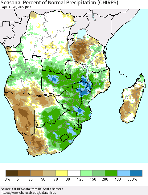 Southern Africa Seasonal Percent of Normal Precipitation (CHIRPS) Thematic Map For 4/1/2022 - 4/20/2022