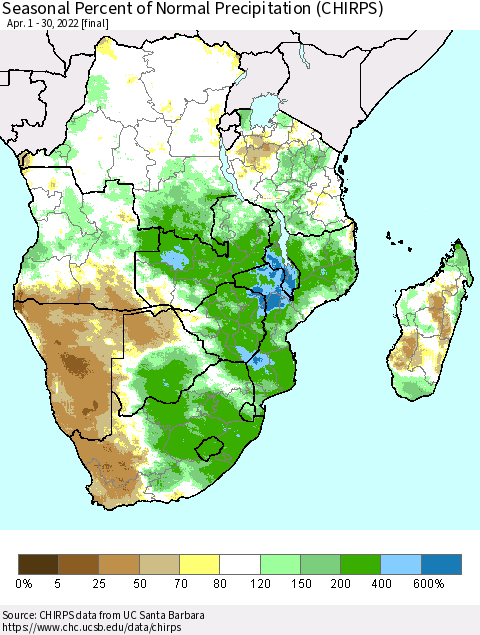 Southern Africa Seasonal Percent of Normal Precipitation (CHIRPS) Thematic Map For 4/1/2022 - 4/30/2022