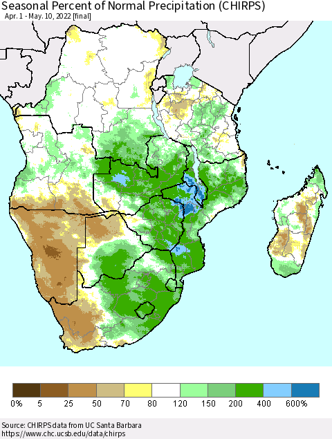 Southern Africa Seasonal Percent of Normal Precipitation (CHIRPS) Thematic Map For 4/1/2022 - 5/10/2022