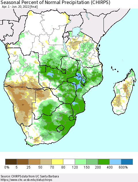 Southern Africa Seasonal Percent of Normal Precipitation (CHIRPS) Thematic Map For 4/1/2022 - 6/20/2022