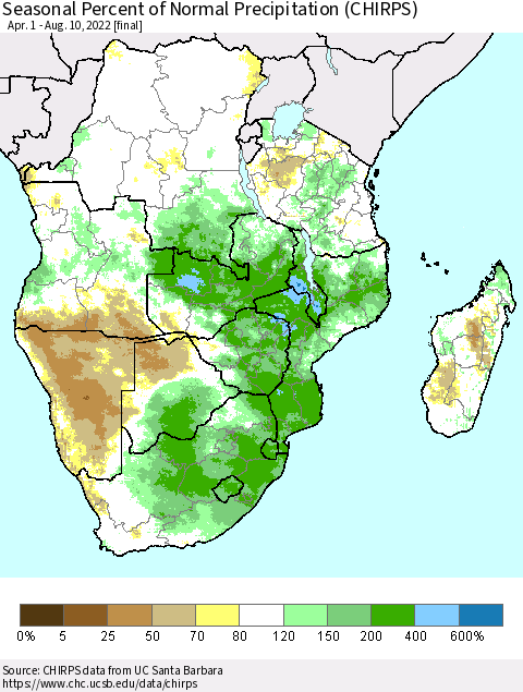 Southern Africa Seasonal Percent of Normal Precipitation (CHIRPS) Thematic Map For 4/1/2022 - 8/10/2022