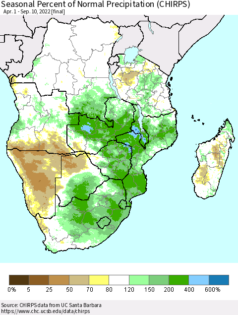 Southern Africa Seasonal Percent of Normal Precipitation (CHIRPS) Thematic Map For 4/1/2022 - 9/10/2022