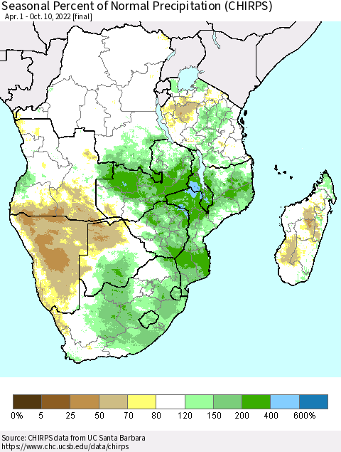 Southern Africa Seasonal Percent of Normal Precipitation (CHIRPS) Thematic Map For 4/1/2022 - 10/10/2022