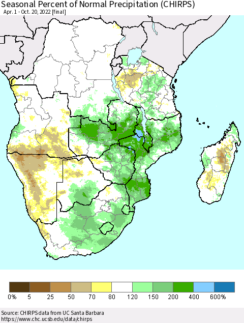 Southern Africa Seasonal Percent of Normal Precipitation (CHIRPS) Thematic Map For 4/1/2022 - 10/20/2022