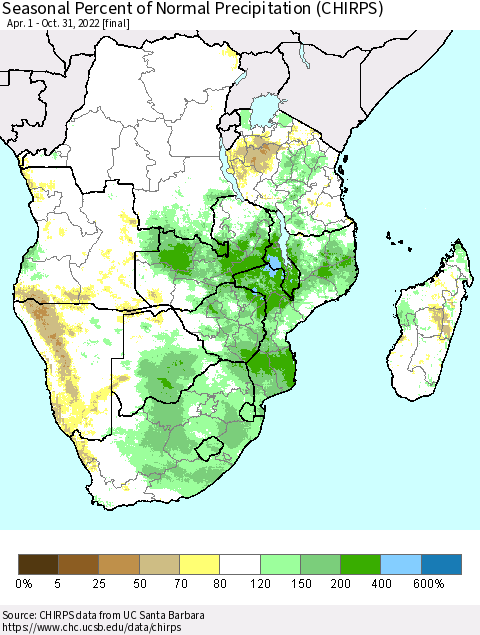 Southern Africa Seasonal Percent of Normal Precipitation (CHIRPS) Thematic Map For 4/1/2022 - 10/31/2022