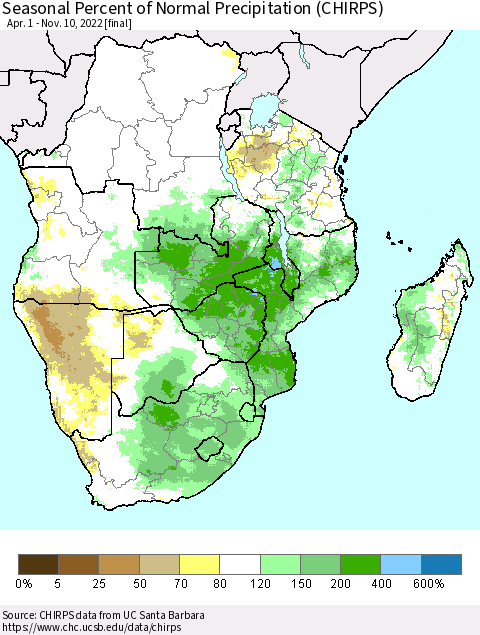 Southern Africa Seasonal Percent of Normal Precipitation (CHIRPS) Thematic Map For 4/1/2022 - 11/10/2022