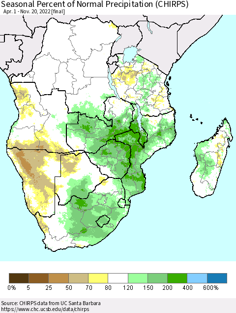 Southern Africa Seasonal Percent of Normal Precipitation (CHIRPS) Thematic Map For 4/1/2022 - 11/20/2022