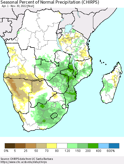 Southern Africa Seasonal Percent of Normal Precipitation (CHIRPS) Thematic Map For 4/1/2022 - 11/30/2022