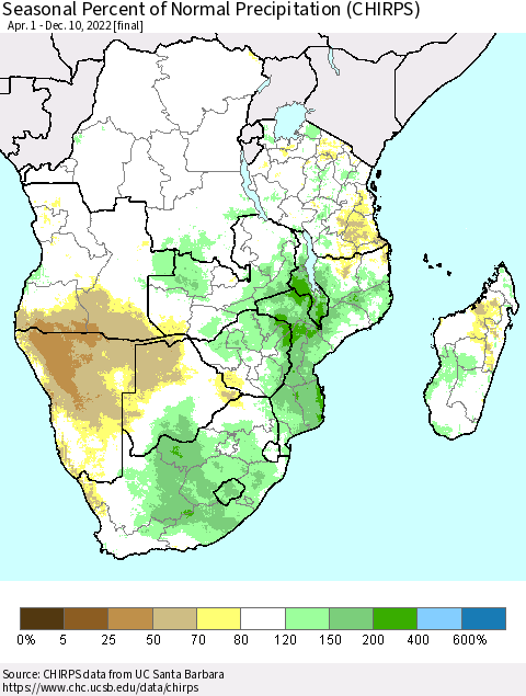 Southern Africa Seasonal Percent of Normal Precipitation (CHIRPS) Thematic Map For 4/1/2022 - 12/10/2022