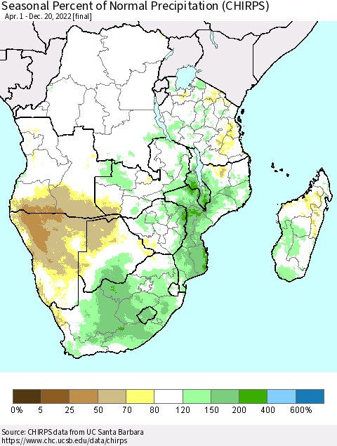 Southern Africa Seasonal Percent of Normal Precipitation (CHIRPS) Thematic Map For 4/1/2022 - 12/20/2022