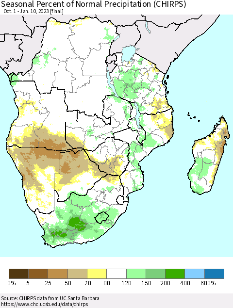 Southern Africa Seasonal Percent of Normal Precipitation (CHIRPS) Thematic Map For 10/1/2022 - 1/10/2023