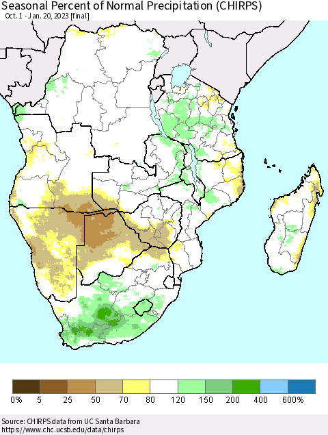 Southern Africa Seasonal Percent of Normal Precipitation (CHIRPS) Thematic Map For 10/1/2022 - 1/20/2023