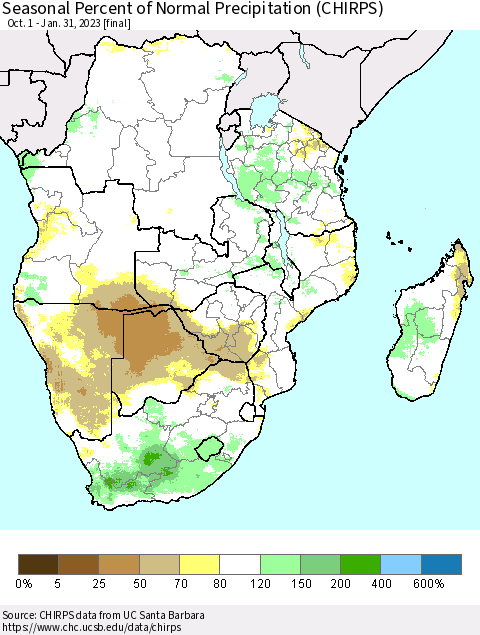 Southern Africa Seasonal Percent of Normal Precipitation (CHIRPS) Thematic Map For 10/1/2022 - 1/31/2023