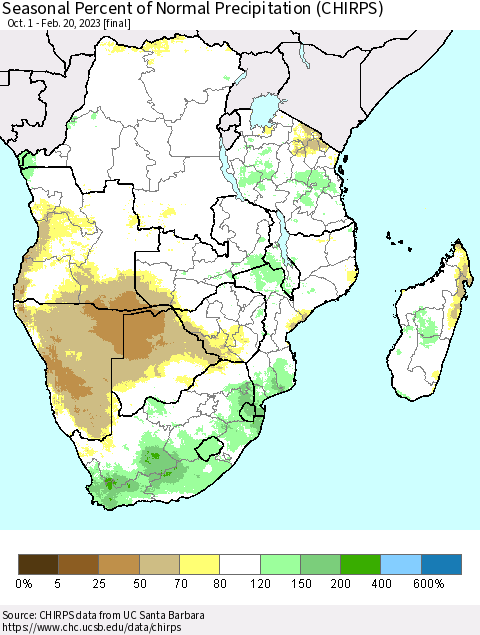 Southern Africa Seasonal Percent of Normal Precipitation (CHIRPS) Thematic Map For 10/1/2022 - 2/20/2023