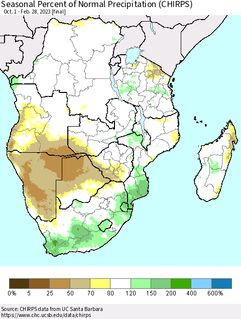 Southern Africa Seasonal Percent of Normal Precipitation (CHIRPS) Thematic Map For 10/1/2022 - 2/28/2023