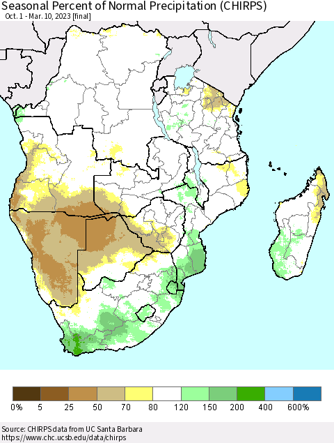 Southern Africa Seasonal Percent of Normal Precipitation (CHIRPS) Thematic Map For 10/1/2022 - 3/10/2023