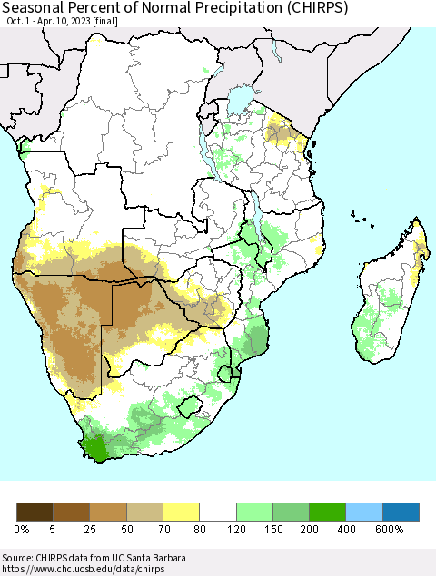 Southern Africa Seasonal Percent of Normal Precipitation (CHIRPS) Thematic Map For 10/1/2022 - 4/10/2023