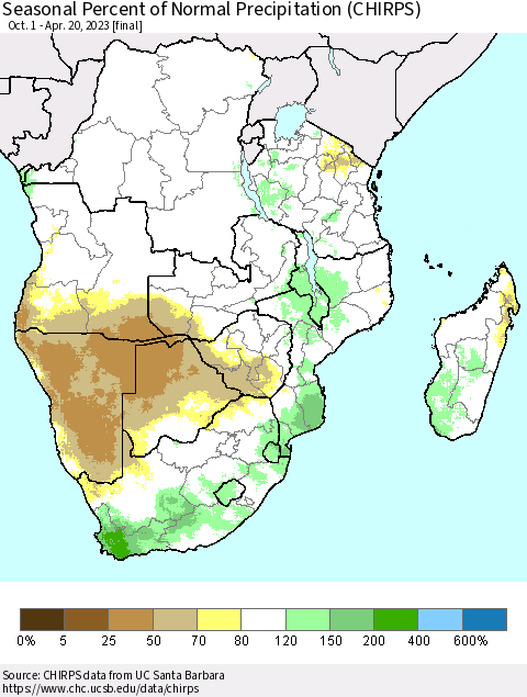 Southern Africa Seasonal Percent of Normal Precipitation (CHIRPS) Thematic Map For 10/1/2022 - 4/20/2023