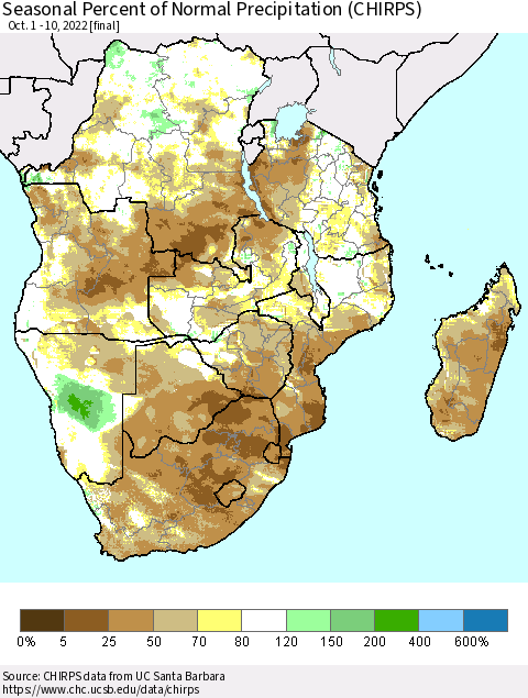 Southern Africa Seasonal Percent of Normal Precipitation (CHIRPS) Thematic Map For 10/1/2022 - 10/10/2022