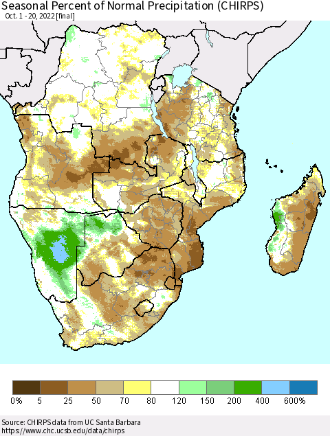 Southern Africa Seasonal Percent of Normal Precipitation (CHIRPS) Thematic Map For 10/1/2022 - 10/20/2022