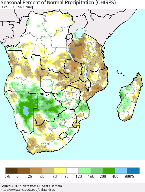 Southern Africa Seasonal Percent of Normal Precipitation (CHIRPS) Thematic Map For 10/1/2022 - 10/31/2022