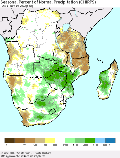Southern Africa Seasonal Percent of Normal Precipitation (CHIRPS) Thematic Map For 10/1/2022 - 11/10/2022