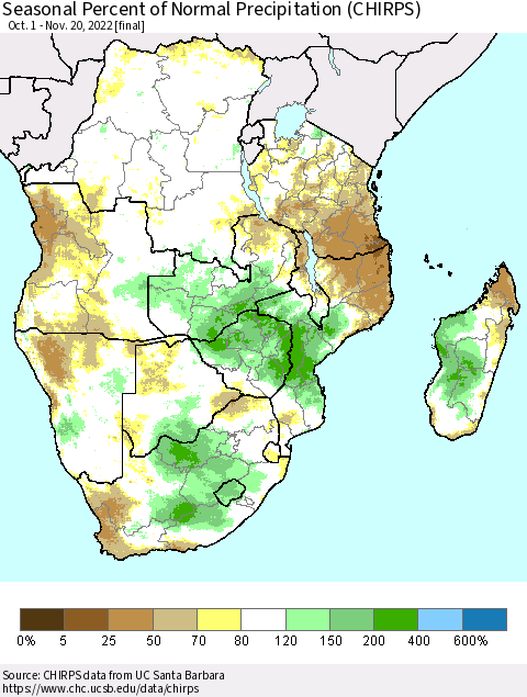 Southern Africa Seasonal Percent of Normal Precipitation (CHIRPS) Thematic Map For 10/1/2022 - 11/20/2022
