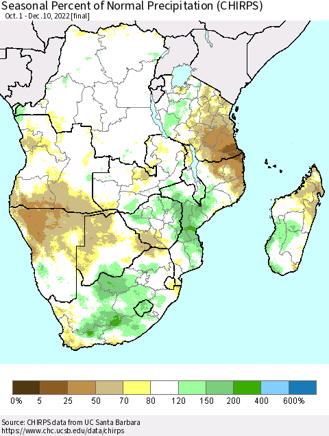 Southern Africa Seasonal Percent of Normal Precipitation (CHIRPS) Thematic Map For 10/1/2022 - 12/10/2022
