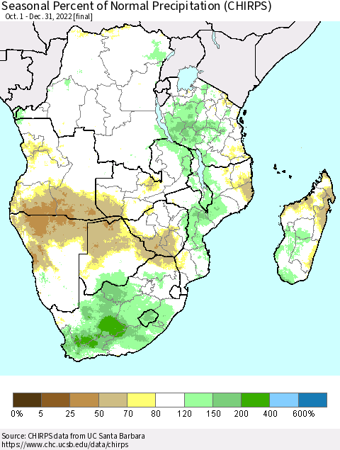 Southern Africa Seasonal Percent of Normal Precipitation (CHIRPS) Thematic Map For 10/1/2022 - 12/31/2022