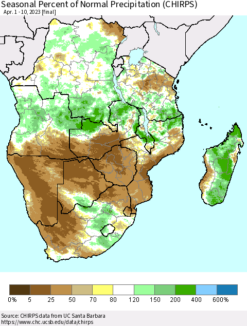 Southern Africa Seasonal Percent of Normal Precipitation (CHIRPS) Thematic Map For 4/1/2023 - 4/10/2023