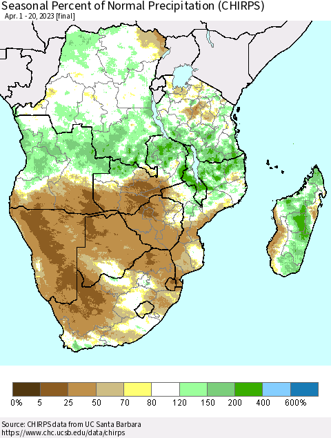 Southern Africa Seasonal Percent of Normal Precipitation (CHIRPS) Thematic Map For 4/1/2023 - 4/20/2023