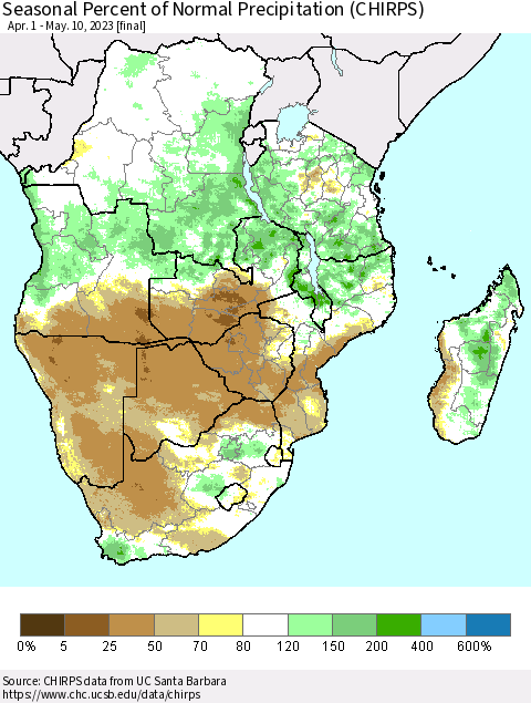 Southern Africa Seasonal Percent of Normal Precipitation (CHIRPS) Thematic Map For 4/1/2023 - 5/10/2023