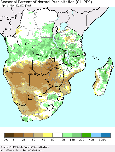 Southern Africa Seasonal Percent of Normal Precipitation (CHIRPS) Thematic Map For 4/1/2023 - 5/20/2023