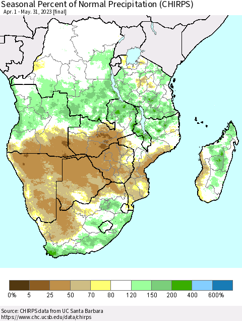 Southern Africa Seasonal Percent of Normal Precipitation (CHIRPS) Thematic Map For 4/1/2023 - 5/31/2023