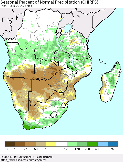 Southern Africa Seasonal Percent of Normal Precipitation (CHIRPS) Thematic Map For 4/1/2023 - 6/20/2023
