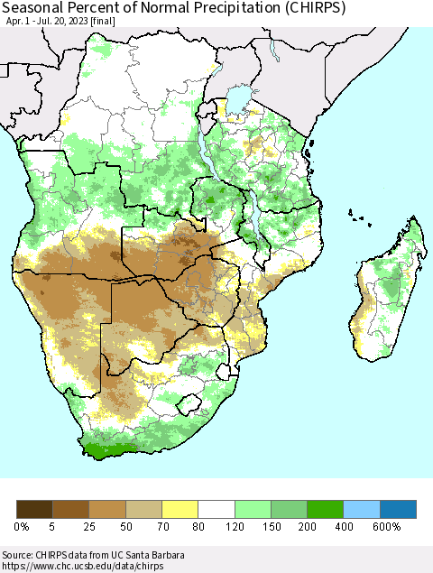 Southern Africa Seasonal Percent of Normal Precipitation (CHIRPS) Thematic Map For 4/1/2023 - 7/20/2023