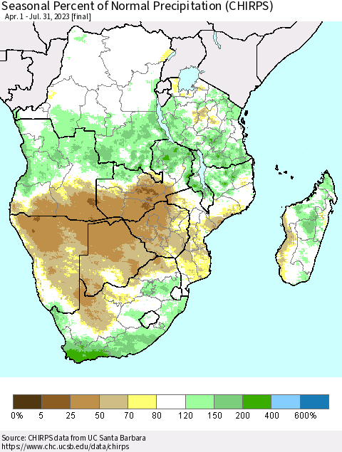 Southern Africa Seasonal Percent of Normal Precipitation (CHIRPS) Thematic Map For 4/1/2023 - 7/31/2023
