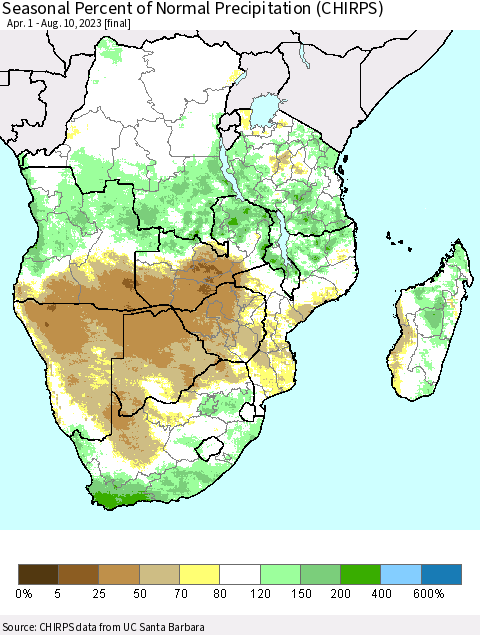 Southern Africa Seasonal Percent of Normal Precipitation (CHIRPS) Thematic Map For 4/1/2023 - 8/10/2023