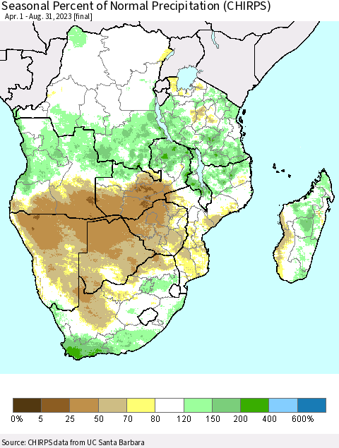 Southern Africa Seasonal Percent of Normal Precipitation (CHIRPS) Thematic Map For 4/1/2023 - 8/31/2023