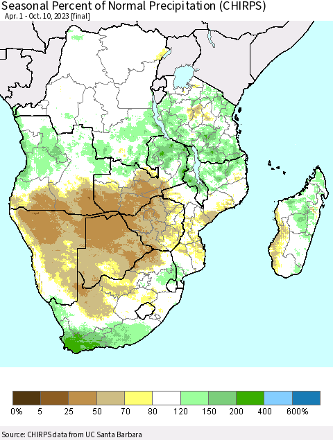Southern Africa Seasonal Percent of Normal Precipitation (CHIRPS) Thematic Map For 4/1/2023 - 10/10/2023