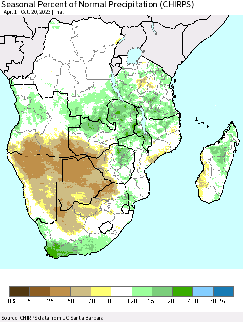 Southern Africa Seasonal Percent of Normal Precipitation (CHIRPS) Thematic Map For 4/1/2023 - 10/20/2023