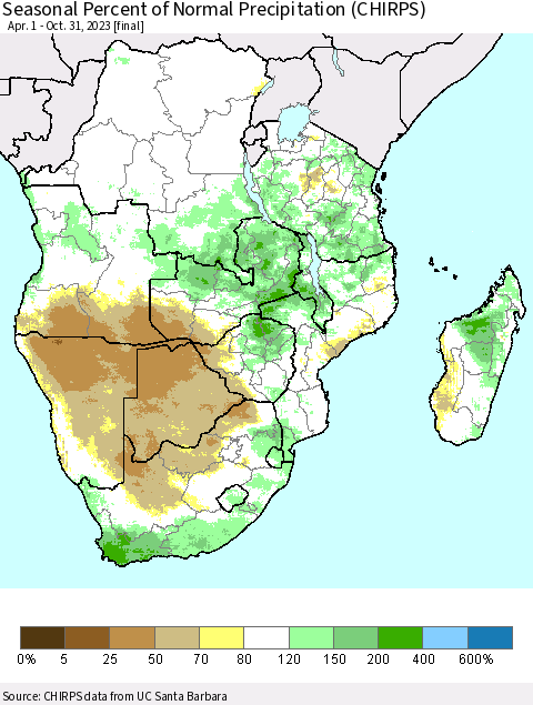 Southern Africa Seasonal Percent of Normal Precipitation (CHIRPS) Thematic Map For 4/1/2023 - 10/31/2023