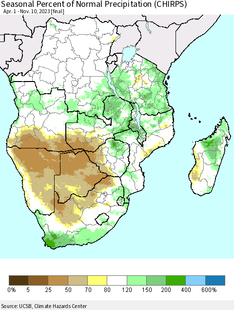 Southern Africa Seasonal Percent of Normal Precipitation (CHIRPS) Thematic Map For 4/1/2023 - 11/10/2023