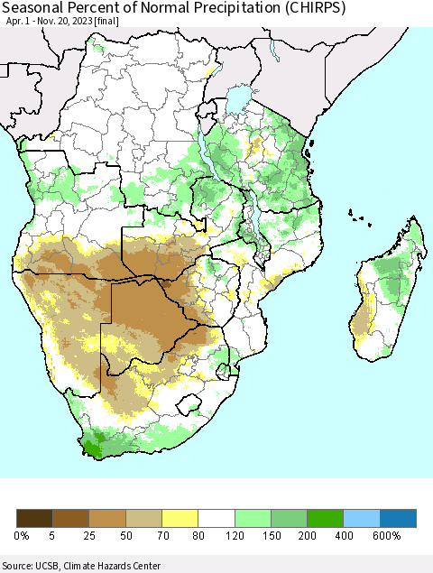 Southern Africa Seasonal Percent of Normal Precipitation (CHIRPS) Thematic Map For 4/1/2023 - 11/20/2023