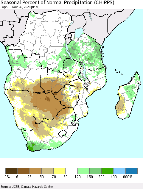 Southern Africa Seasonal Percent of Normal Precipitation (CHIRPS) Thematic Map For 4/1/2023 - 11/30/2023